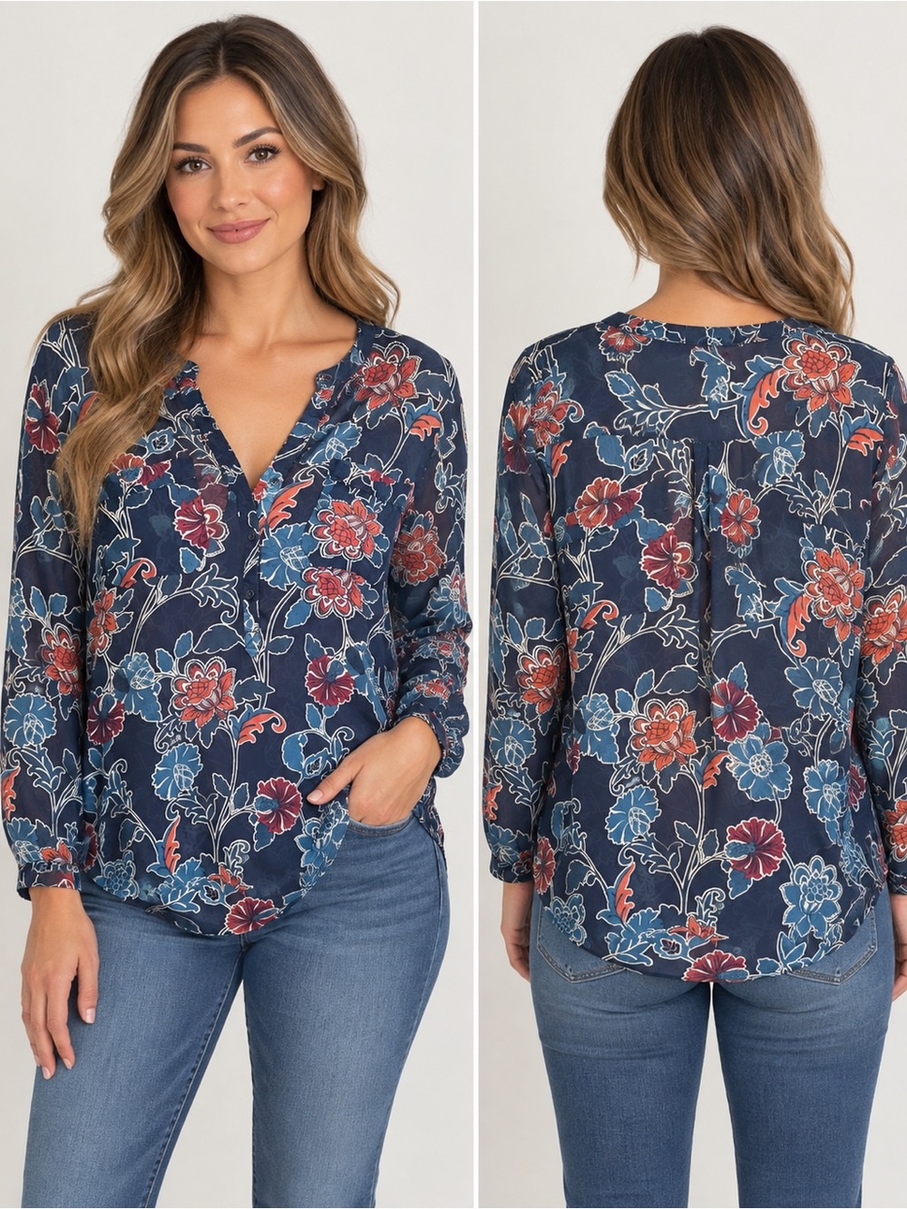 Gap Navy Blue Floral Long Sleeve V-Neck Blouse – Medium